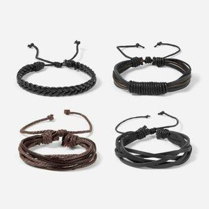 Layered Plaid & Beaded Bracelet Set 4pcs